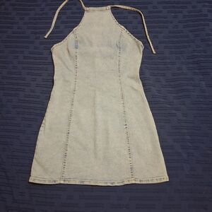 SHEIN Light Blue Denim Halter Mini Dress Size Mefoum